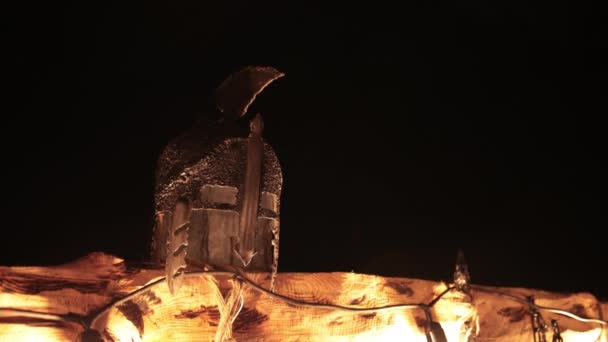 Battle helmet for a brave fight against the enemy defending the viking. Pedestal — Stock Video