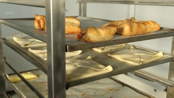 Horno de llenado Baker en panadería, panadería. El hombre mueve la bandeja con panes frescos — Vídeos de Stock