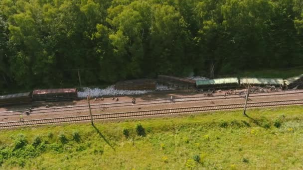 Pohled na síň. Nákladní vlaková nehoda, dopravní vykolejení, poškození vlaku — Stock video
