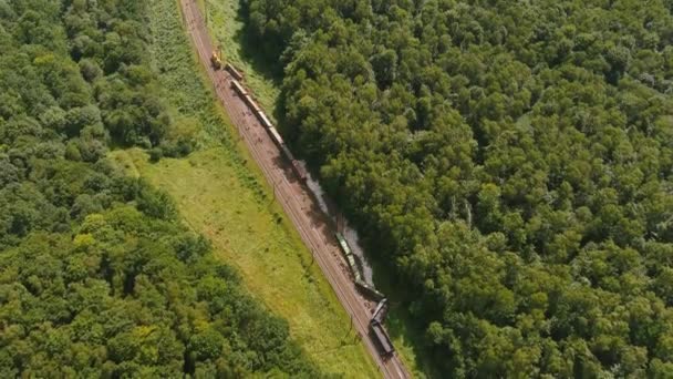 Vista ariale. Incidente del treno merci, deragliamento del trasporto, danneggiamento del treno — Video Stock