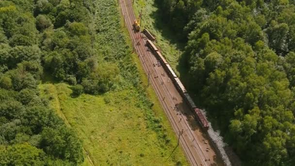 Arial görüş. Tren kazası. Kurtarma çalışmaları devam etmekte olan lokomotif raydan çıktı — Stok video