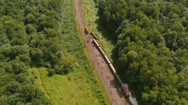 Vista ariale. Incidente del treno merci, deragliamento del trasporto, danneggiamento del treno — Video Stock