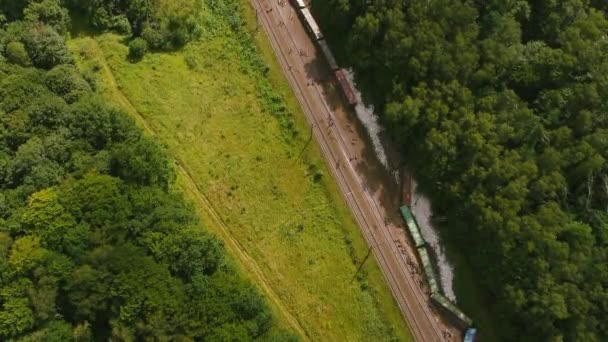 Arial görüş. Tren kazası. Kurtarma çalışmaları devam etmekte olan lokomotif raydan çıktı — Stok video