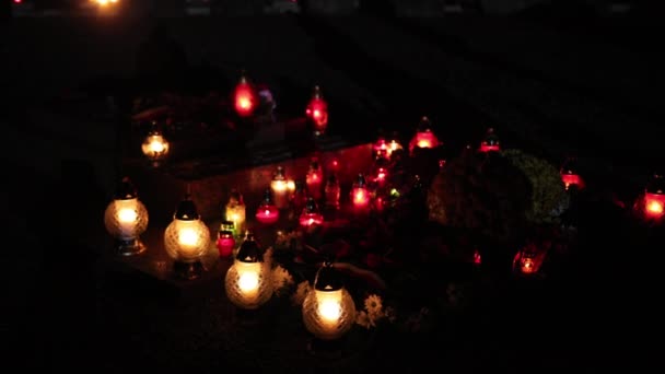 Lantern on cemetery in full moon night background, halloween concept. — Stock Video