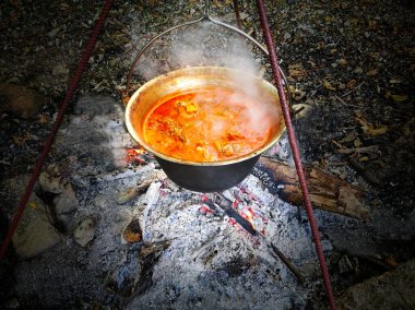 Slavonya balık güvecinin, metal bir tencerede, açık ateşte, nehir balığından otantik şekilde hazırlanması. Tuna 'daki Sotin köyünde çekildi.