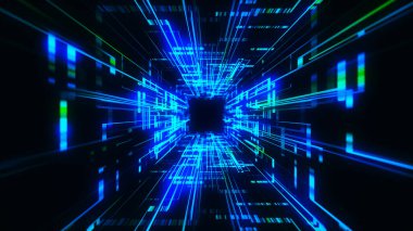 Parlayan noktalar ve çizgilerin oluşturduğu dijital bir tünelde hızlı bir hareket. İllüstrasyon, yüksek teknolojili bir geleceğin hızı, enerjisi ve atmosferini aktarıyor..