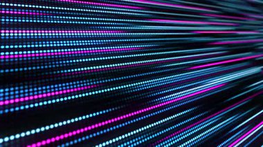 Mavi ve pembe neon noktalardan oluşan hızlı parlayan dijital çizgiler. Dijital teknoloji geçmişi. Dijital ekran. 4K animasyon. 3B Görüntü