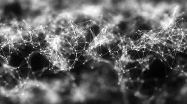 Parlayan düğümlerden ve birbirine bağlı çizgilerden oluşan animasyon dijital bir ağ. Teknolojik geçmiş. Ağ bağlantısı yapısı. Sarmalama etkisi. 4K animasyon. 3B Görüntü