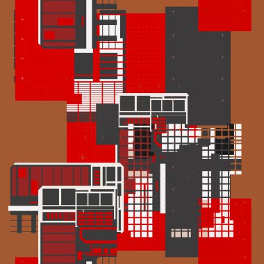 Dikdörtgenlerin, çizgilerin ve ızgaraların çok renkli bir bileşimi dijital metropolün ya da karmaşık bir sistemin diyagramına benzer. Bir mimari çizim ya da teknolojik tasarım.