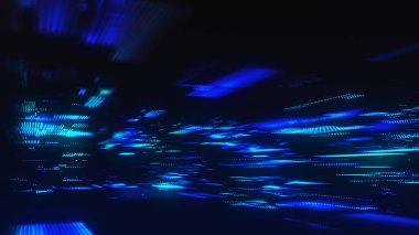 Mavi arka planda dijital pikselli matris desenli ileri teknoloji bir arka plan. Veri akışı ya da teknolojik bir ağın geleceksel haritası. Dijital verinin dinamik parçacıkları siber uzaya nüfuz ediyor.