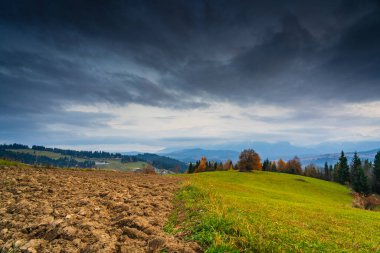 Tarım arazisi, toprak ve çimenli yamaçlar, fırtınalı gökyüzünün altında yuvarlanan kırsal arazi, güçlü bir kontrast ile sonbahar kırsal manzarası