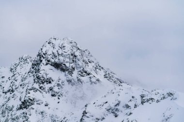 Geniş, karla kaplı bir dağ sırtı, tepe boyunca görünen küçük dağcı figürleriyle birlikte uzağa doğru uzanıyor. Görüntü ölçeği, pozlama ve kış dağ keşiflerini yakalar..