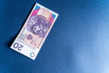 Mavi arka planda 20 Polonya zloti banknotunun minimalist kompozisyonu, geniş kopya alanı, portre, para konsepti, bütçe planlaması ve ekonomi üzerine keskin odaklanma