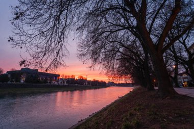 Uzh Nehri, Ukrayna 'nın Uzhhorod kentinden akar, siluetli ağaçların ve set boyunca uzanan binaların arkasında gün batımının canlı renklerini yansıtır.