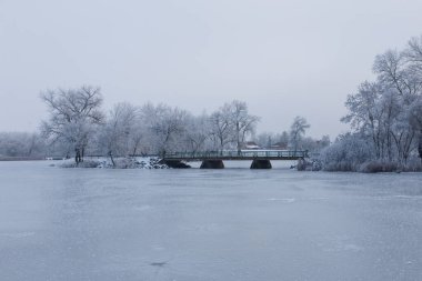 Donmuş bir göl kıyısında, içinden bir köprü geçen kış manzarası.