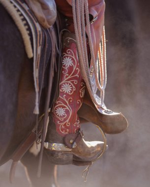 Kovboy çizmesi ve gümüş mahmuzlu kovboy çizmesi. Renkli çizme. Deri üzerinde desen ve tasarım. Çekik ipler ve eyer pedi.