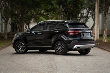 Ağaçlık yolda siyah bir Ford Bölgesi 'nin dörtte üçlük arka görüntüsü, lüks SUV dış çekim