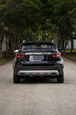 Siyah Ford Bölgesi dikiz aynası, modern SUV yeşil ağaçların altındaki asfalt yolda geri görüş