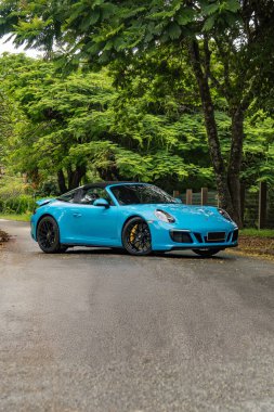 Mavi Porsche 911 Targa 4 GTS önde 3 çeyrek, Orman yolunda egzotik spor araba