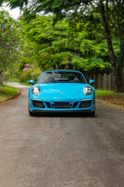 Mavi Porsche 911 Targa 4 GTS ön görüş, Orman yolunda lüks spor araba
