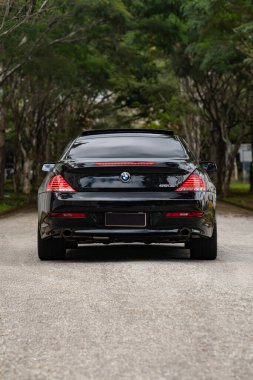 Siyah BMW 650i dikiz manzaralı, asfalt yolda lüks coupe orman ağaçlarıyla çevrili.