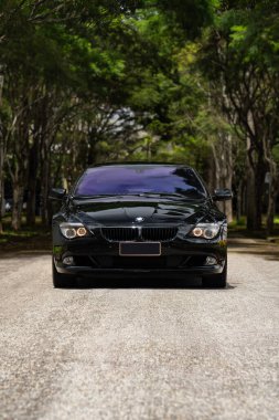 Siyah BMW 650i önden görüş, boş ağaç üzerinde lüks coupe güneş ışığı gölgeli yol.