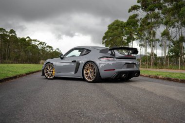 Gri Porsche 718 GT4 RS arka üç çeyrek manzara, asfalt yolda bulutlu gökyüzünün altında spor araba