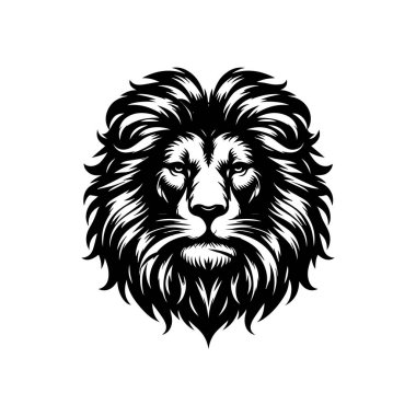 Büyük, kabarık bir yelesi ve muhteşem bir ifadesi olan bir aslan kafasının siyah ve beyaz çizimi.