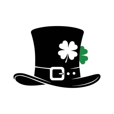 Önünde beyaz yonca olan siyah bir silindir şapka ve bandın içine sıkıştırılmış yeşil bir yonca, beyaz tokayla süslenmiş.