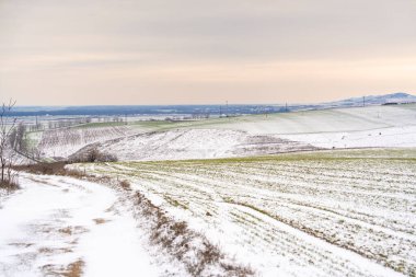 Güneş tepelerin ardında batarken karlar tarlaları ve ağaçları kaplıyor. Uzak elektrik hatları manzara boyunca uzanıyor ve sakin bir manzara yaratıyor..