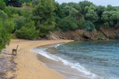 Suyun kenarında kumlu bir sahil uzanır. Yeşil ağaçlar kıyıya vurur ve yumuşak dalgalar kumda yuvarlanır. Kayalar bulutlu bir günde bu doğa sahnesinin arka planını oluşturur..