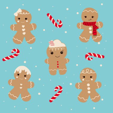 Şirin Zencefilli Ekmek Adamlar ve Şeker Çubuğu Örnekleri çizimi. Dondurma, eşarp, fiyonk ve baston şekerlerle süslenmiş sevimli zencefilli kurabiyeler açık mavi bir arka planda.