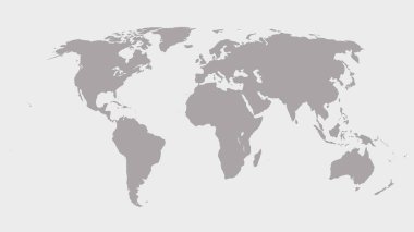 Düz gri dünya haritası, tüm kıtaları ve ülkeleri minimum tek renkli olarak gösteriyor. Küresel iş sunumları, eğitim projeleri, coğrafya bilgileri, web siteleri ve uluslararası kavramlar için ideal.