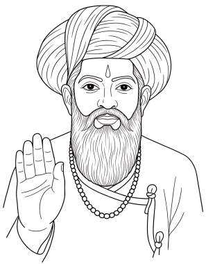 Sant Sewalal Maharaj tasarım tasarımı temiz çizgi sanat tarzında. Hint ruhani mirasını ve Banjara toplum kültürünü temsil eden asgari monolin portresi. Posterler, pankartlar, dini tasarımlar ve sosyal medya için uygun,