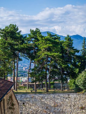 Çam Ağacı Çerçeveleme Panoramik Şehir Manzarası Taş Duvarın Üstü, Dağlık Dağ Tepeleri ve Dağılmış Çatılar