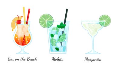 Bir dizi popüler kokteyl. Mavi Hawaii, cin tonik ve votka martini. Bir kulüp partisi için kokteyller.