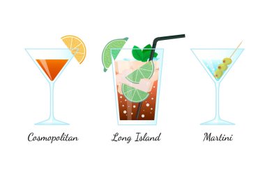 Beyaz arka planda izole edilmiş popüler kokteyller. Cosmopolitan, Martini, Long Island rengarenk. Kokteyl partisi için alkollü içecekler..