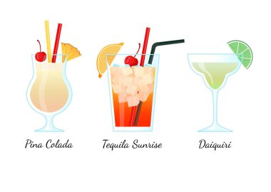 Bir dizi popüler alkol kokteyli. Pina Colada, Daiquiri, Tekila Sunrise. Kulüp partisi için içecekler