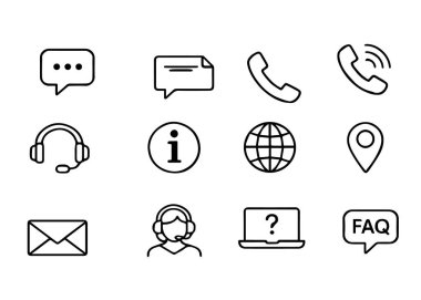 Modern UI taslak tarzında temiz iletişim ve müşteri destek hattı simgesi ayarlandı. Düzenli geometrik kalınlığa sahip düzenlenebilir vuruş vektör koleksiyonu, sohbet balonu, mesaj, telefon, çağrı, kulaklık, bilgi, dünya, müşteri hizmetleri ve SSS simgeleri dahil olmak üzere.