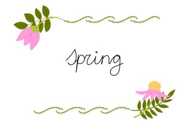 Zarif harflerle ve çiçekli detaylarla dolu parlak bahar tebrik kartı. Çiçek açan vektör grafik tasarımı, canlılık ve umut verici yeni başlangıçlar.