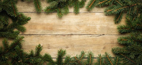Dřevěné Pozadí Vánoční Strom Větve Sníh Vánoční Nápad Banner Byt — Stock fotografie