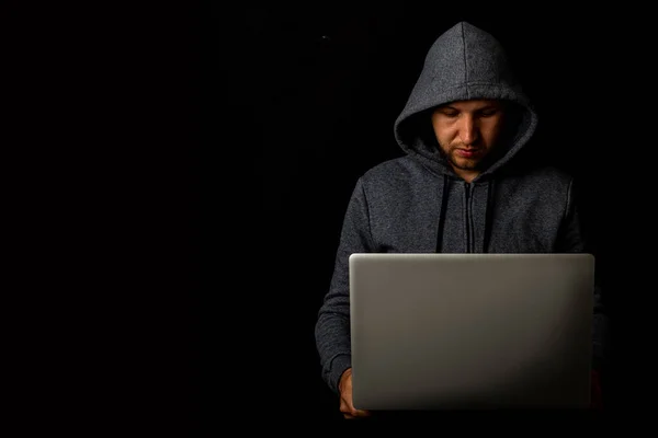 Man Hood Holds Laptop His Hands Dark Background Concept Cyber Stock Image
