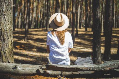 Şapkalı ve tişörtlü genç bir turist ormanda bir kütüğün üzerinde oturuyor..