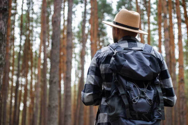 Young Man in a hat with a backpack in a pine forest. Hike in the mountains or forest.