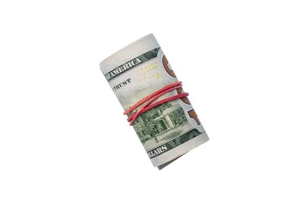 Χρήματα Τυλιγμένα Ένα Σωλήνα Λευκό Φόντο Μπάνερ Επίπεδο Lay Πάνω — Φωτογραφία Αρχείου