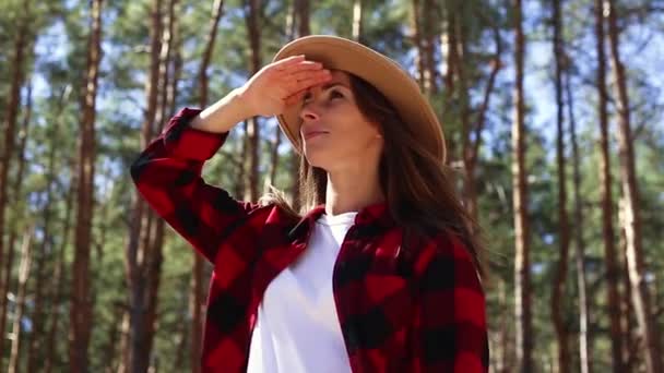 Una donna con un cappello si guarda intorno mentre cammina nella foresta. Concetto escursione, turismo. — Video Stock