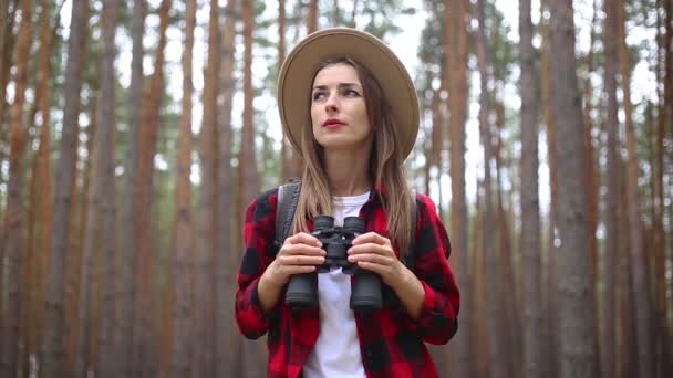Dürbünlü kadın turist ormana bakıyor. Yürüyüş kavramı, turizm. — Stok video