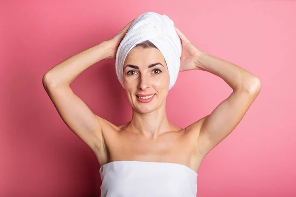 Skin Care Young Woman Towel Her Head Holds Her Hands — Stock Photo, Image