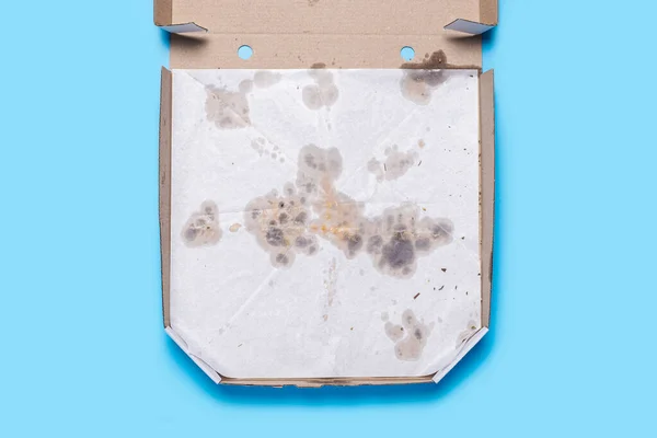 Empty Open Pizza Packaging Blue Background Top View Flat Lay — Stock Photo, Image