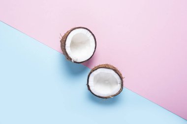 Pembe-mavi arka planda iki yarım hindistan cevizi. Üst manzara, düz uzanma.